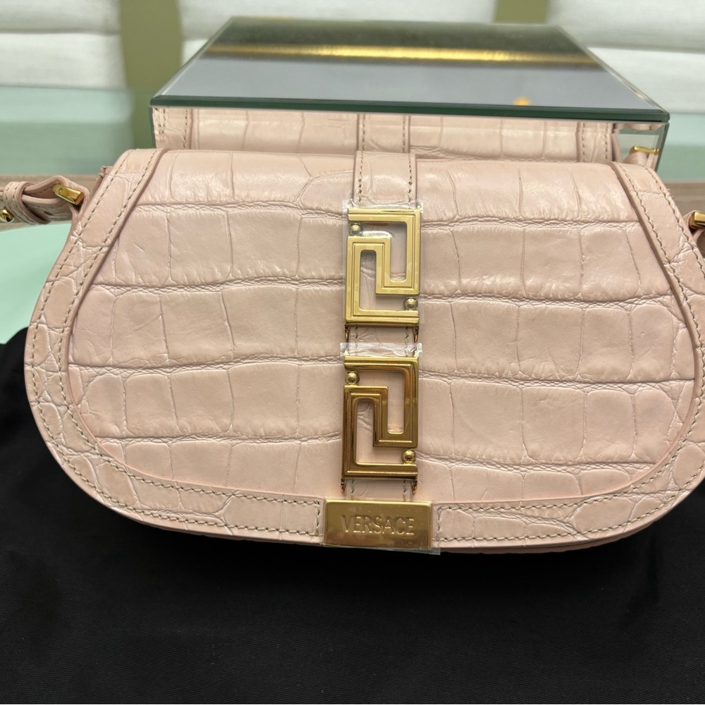 Authentic NWT Versace Blush Croc-Embossed Leather Shoulder Bag w/ Gold Hardware